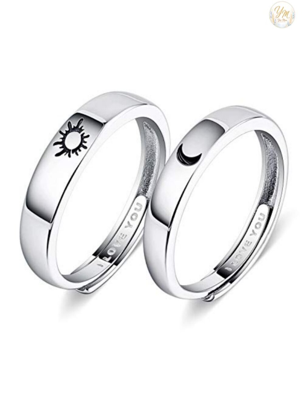Sterling Silver Adjustable Sun Moon Couple Rings Engraved I Love You